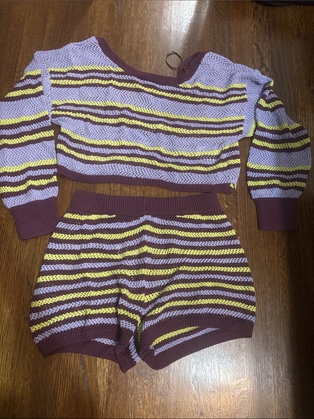 Anthropologie Knit Striped Lounge Shorts and Top Set - Lavender, Yellow & plum